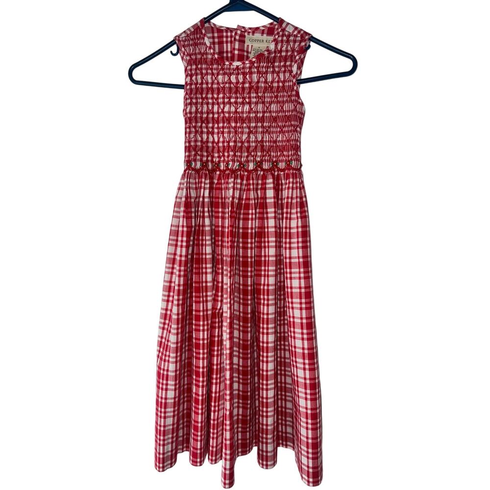 Vintage Copper Key Red and White gingham Smocked cottage prairie dress girls 5